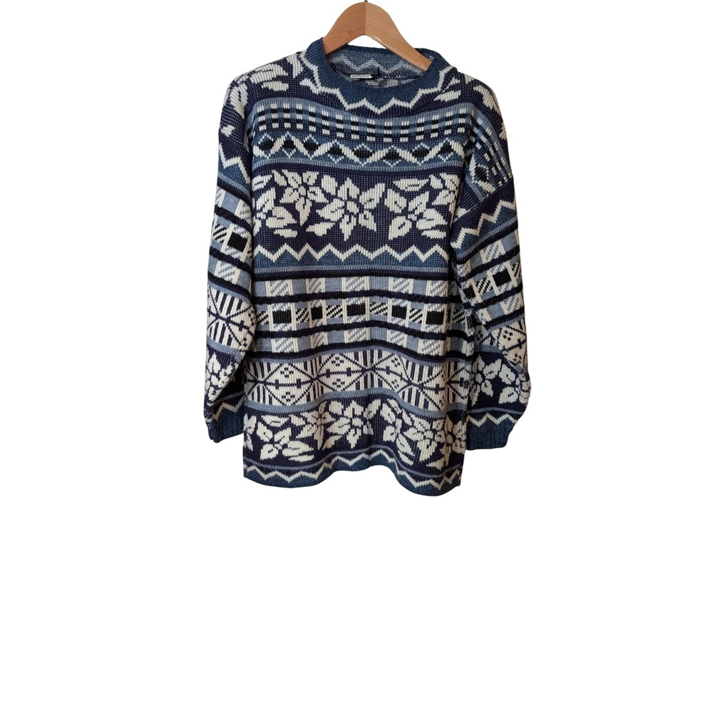 Vintage J.J. Browne USA Blue Fair Isle Floral Knit Sweater Crew Neck Acrylic L